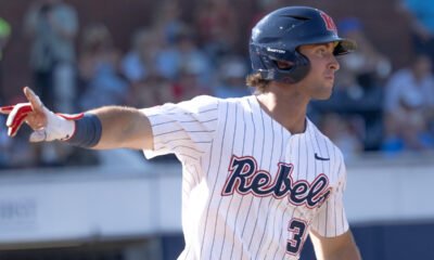 Ole Miss outfielder Tristan Bissetta reacts to hitting a home run against No. 15 Kentucky at Swayze Field. | Ole Miss Athletics