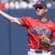 Ole Miss second baseman Dom Decker throws to first during Saturday's game against Mississippi State. | Dylan Cohron, HottyToddy.com Images