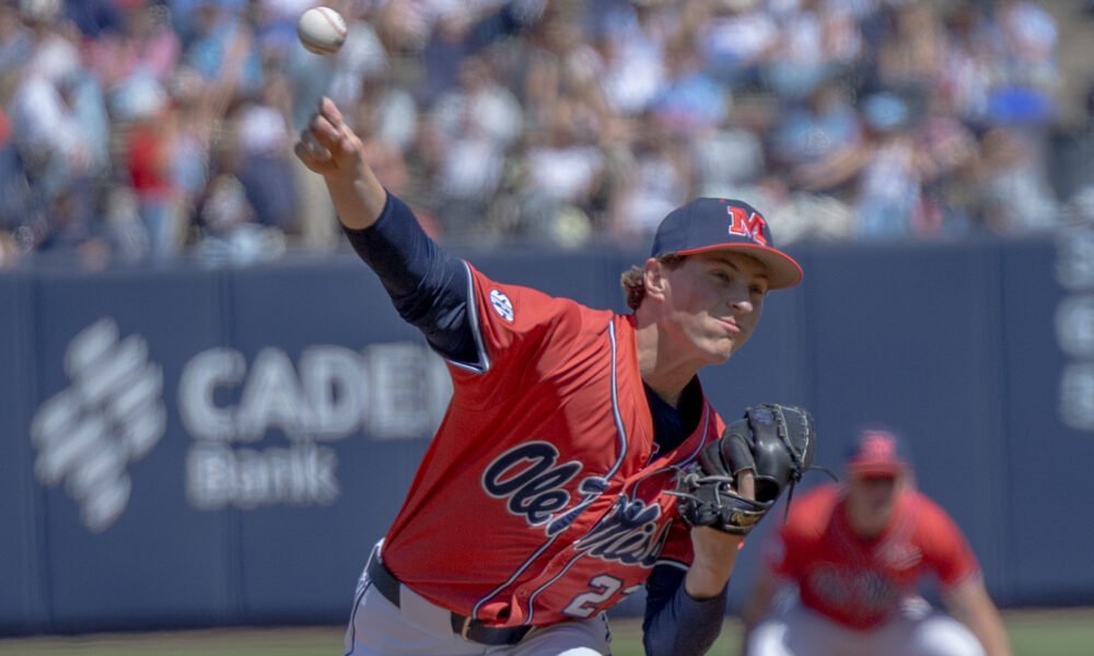 Ole Miss pitcher Hudson Calhoun started Saturday's game against Mississippi State at Swayze Field. | Dylan Cohron, HottyToddy.com Images