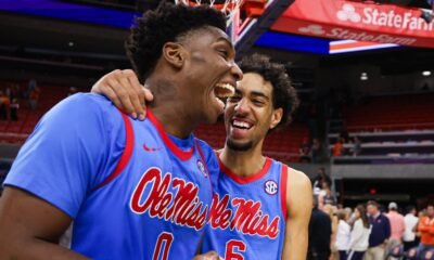 Ole Miss' Malik Dia and Ilias Kamardine celebrate Saturday night's win against Auburn. | Ole Miss Athletics