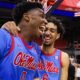 Ole Miss' Malik Dia and Ilias Kamardine celebrate Saturday night's win against Auburn. | Ole Miss Athletics