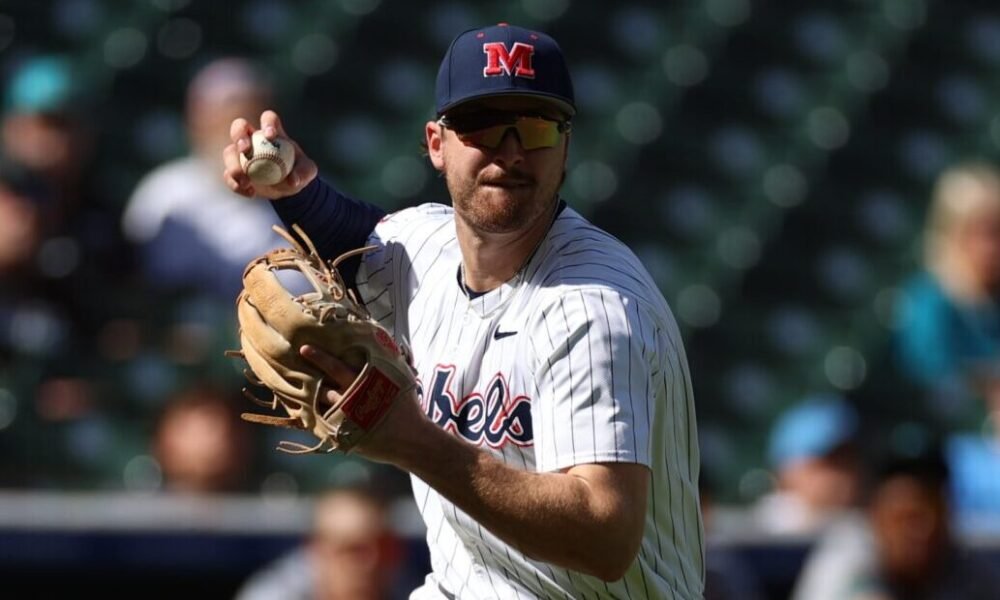 Ole Miss third baseman Judd Utermark looks towards first base during Sunday's game against No. 9 Coastal Carolina in Houston. | Ole Miss Athletics