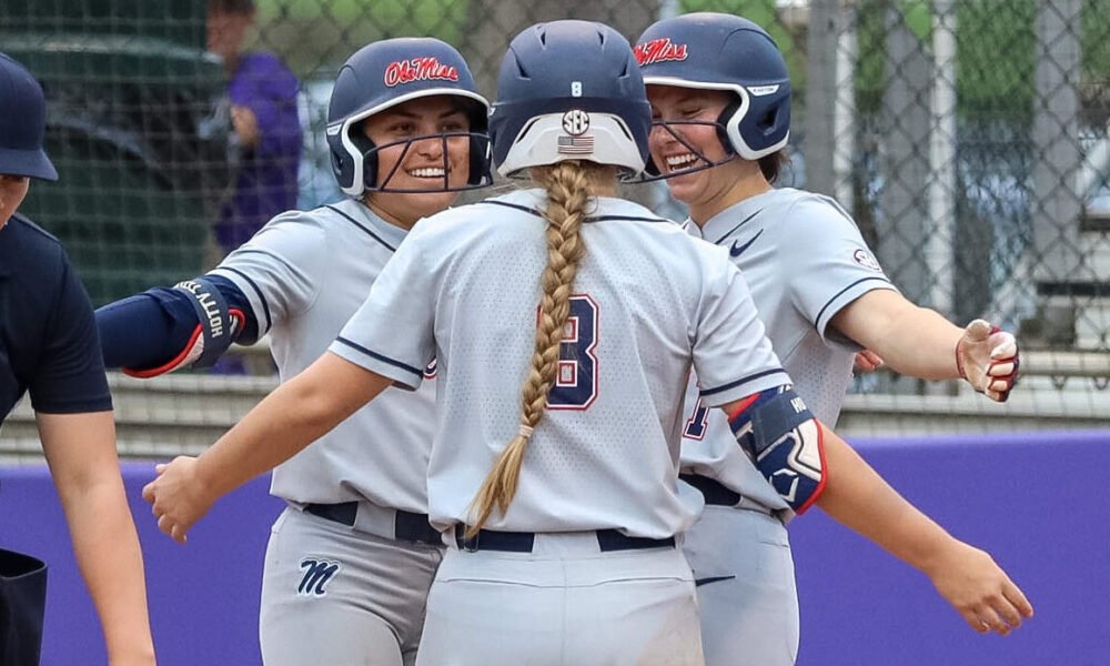 Ole Miss players celebrate a run scored during Tuesday's comeback win against North Alabama 4-2. | Ole Miss Athletics