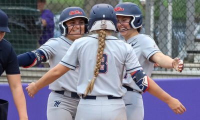 Ole Miss players celebrate a run scored during Tuesday's comeback win against North Alabama 4-2. | Ole Miss Athletics