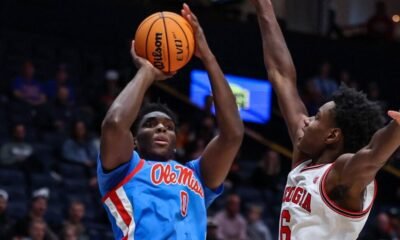 Ole Miss forward Malik Dia makes one of his two three-pointers in a second round SEC Tournament game against Georgia. | Ole Miss Athletics