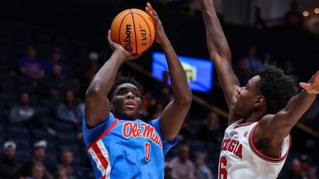 Ole Miss forward Malik Dia makes one of his two three-pointers in a second round SEC Tournament game against Georgia. | Ole Miss Athletics