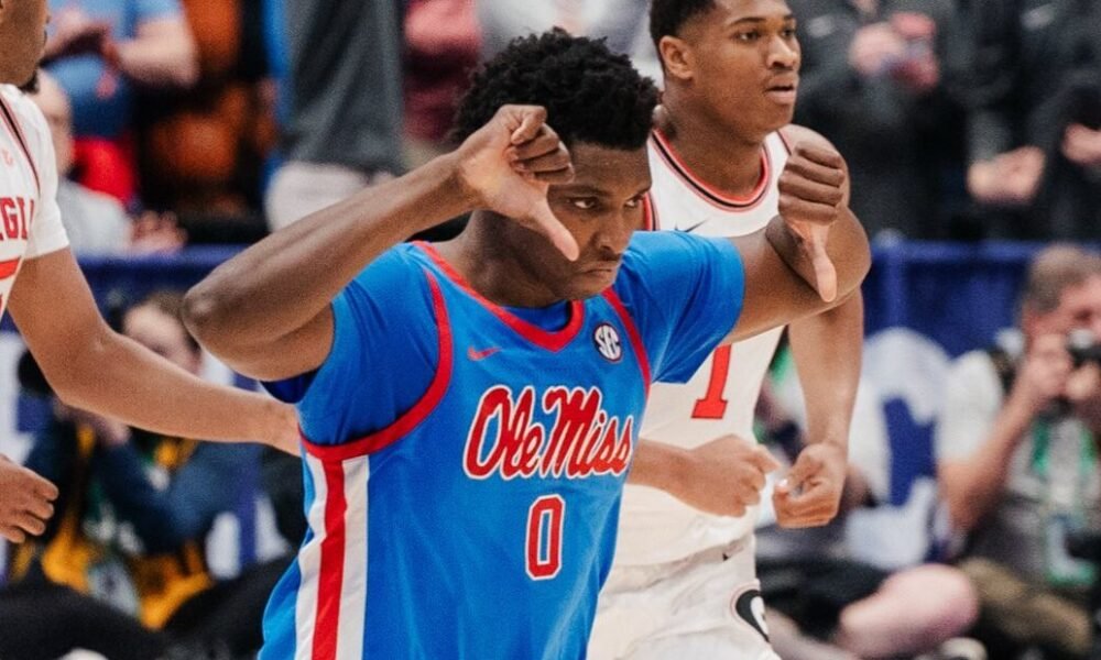 Ole Miss senior Malik Dia celebrates after a play during a SEC Tournament game against Georgia. | Ole Miss Athletics