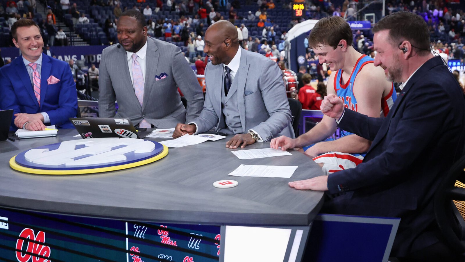 Ole Miss coach Chris Beard and sophomore Travis Perry sit on the SEC Network Live set after Thursday's win. | Ole Miss Athletics