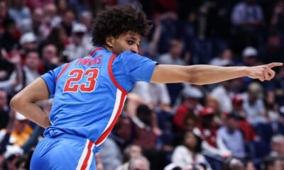 Ole Miss guard Patton Pinkins reacts to a play during Friday's 80-79 win against Alabama. | Ole Miss Athletics