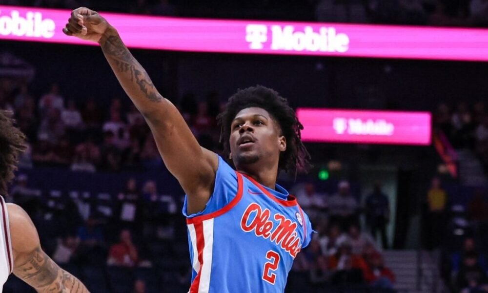 Ole Miss guard AJ Storr watches a shot fall against Alabama in a SEC Tournament quarterfinal game in Nashville. | Ole Miss Athletics