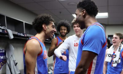 Ole Miss basketball players celebrate a SEC Tournament win against Alabama on Friday night. | Ole Miss Athletics