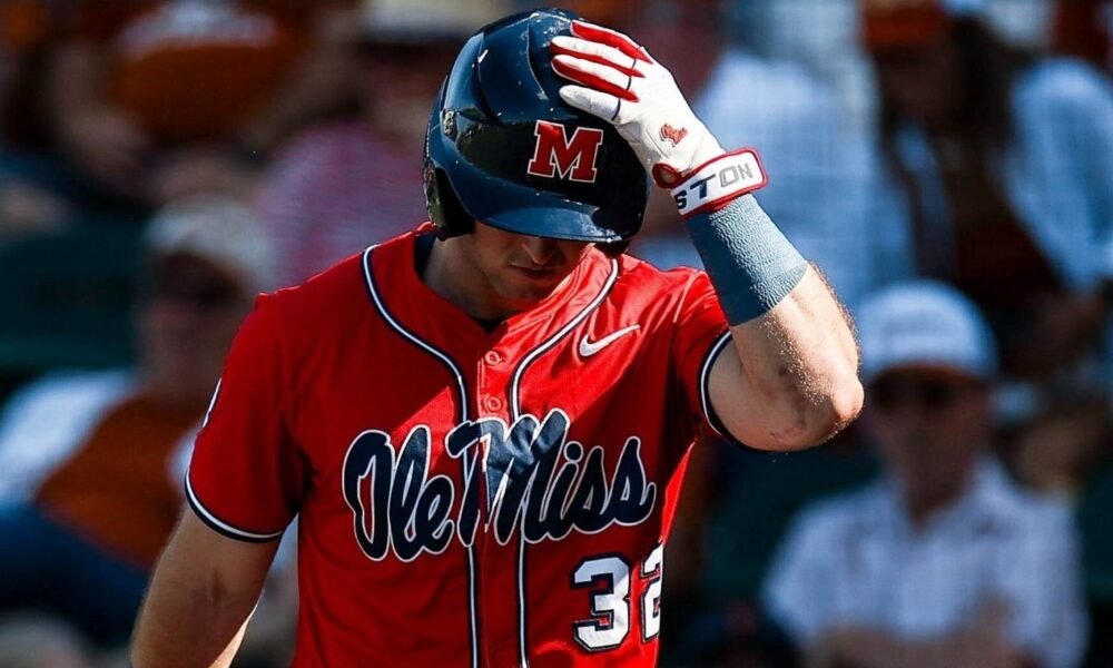 Ole Miss outfielder Tristan Bissetta walks off the field after a strikeout against No. 2 Texas in Austin. | Ole Miss Athletics