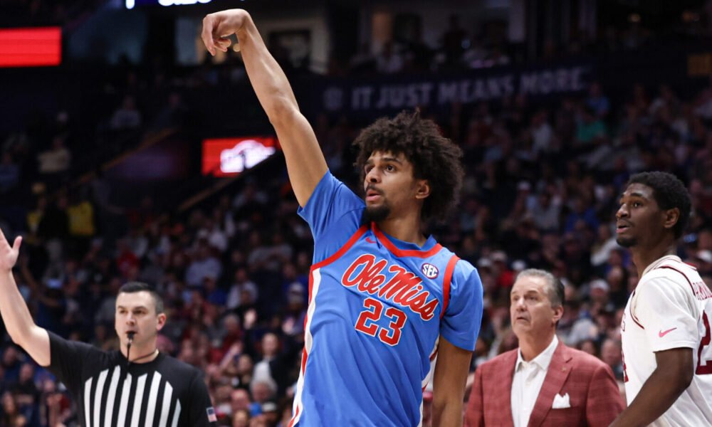 Ole Miss freshman Patton Pinkins watches a three-pointer fall in the first half of Saturday's SEC Tournament semifinal game against Arkansas. | Ole Miss Athletics