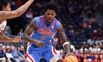 Ole Miss guard AJ Storr drives to the basket against Arkansas in an SEC Tournament semifinal game. | Ole Miss Athletics