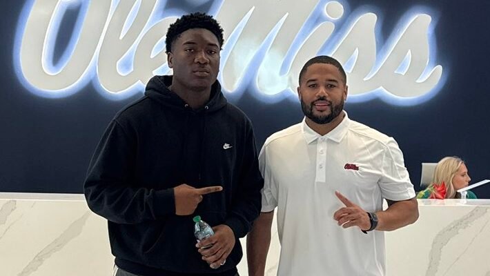 Louisville (Miss.) defensive lineman Mitchell Turner with Ole Miss defensive line coach Randall Joyner on Tuesday. | Mitchell Turner/X
