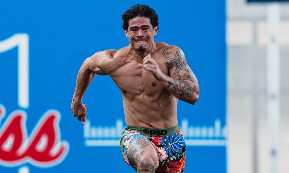 Ole Miss safety Kapena Gushiken runs the 40-yard dash during Wednesday's Pro Day at Ole Miss. | Ole Miss Athletics