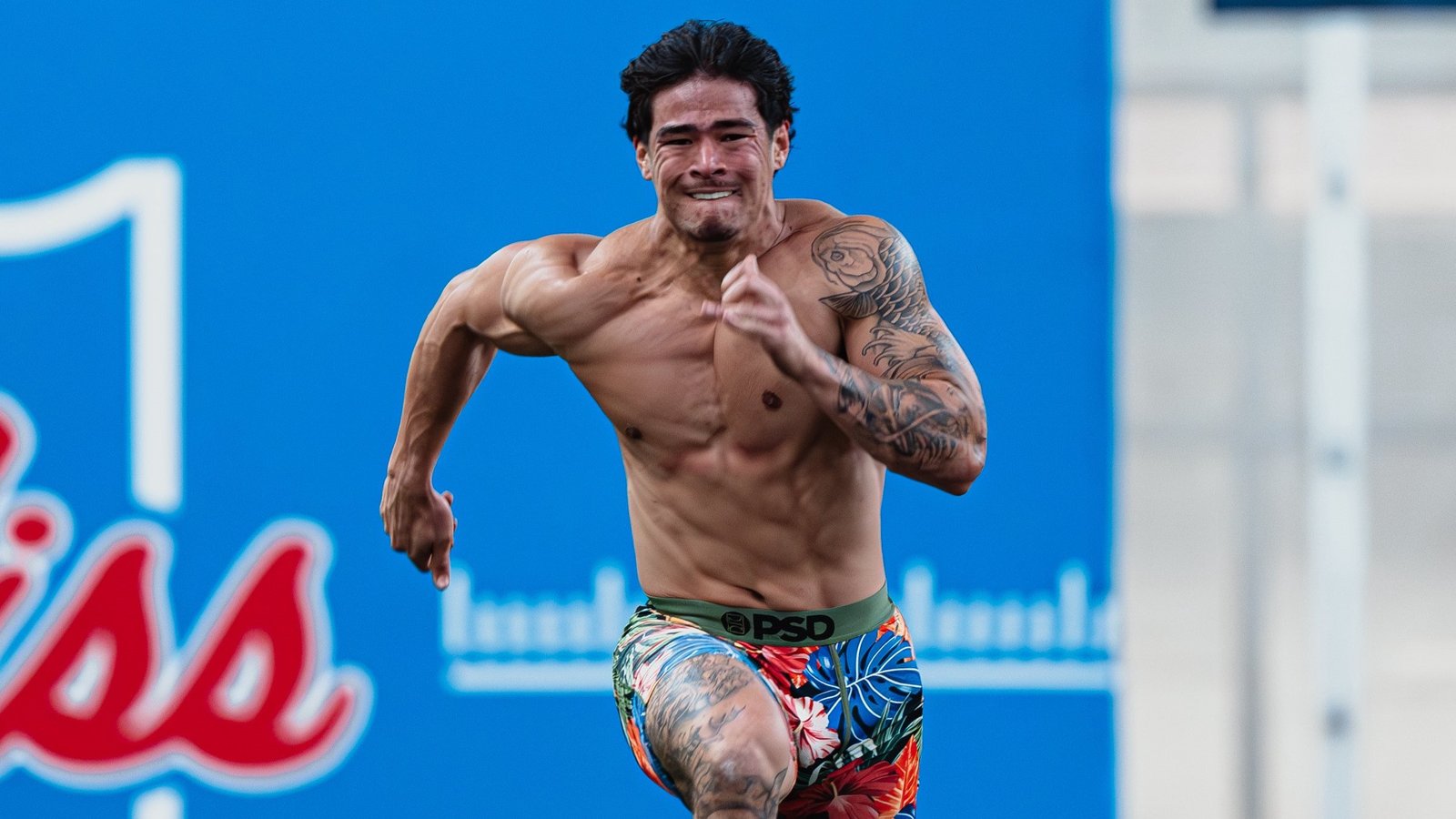 Ole Miss safety Kapena Gushiken runs the 40-yard dash during Wednesday's Pro Day at Ole Miss. | Ole Miss Athletics