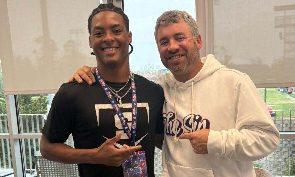 Ole Miss coach Pete Golding with 2027 cornerback Stanley Peters. | Stanley Peters/X