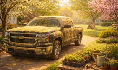 A suburban Southern scene shows a dark truck coated in a thick layer of yellow pollen parked in a driveway. Around it, trees are in full bloom, grass is beginning to grow, and sunlight gives the scene a warm, early spring feel. In the background, a neighbor mows the lawn, and small plants sit in containers, ready to grow, capturing the unmistakable arrival of spring.