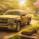 A suburban Southern scene shows a dark truck coated in a thick layer of yellow pollen parked in a driveway. Around it, trees are in full bloom, grass is beginning to grow, and sunlight gives the scene a warm, early spring feel. In the background, a neighbor mows the lawn, and small plants sit in containers, ready to grow, capturing the unmistakable arrival of spring.