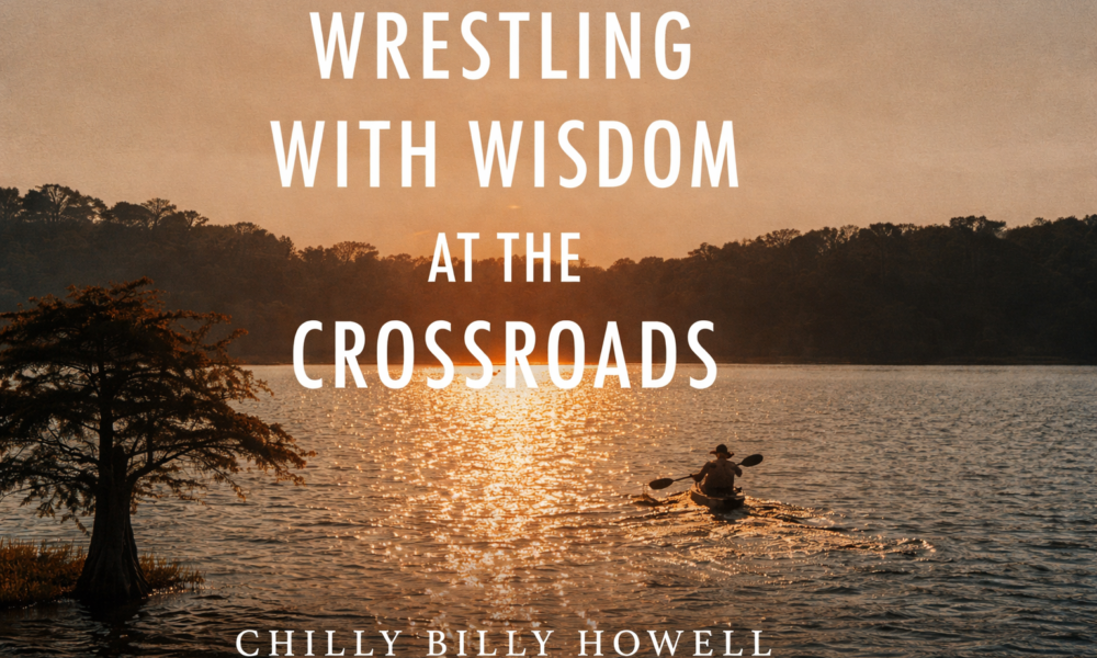 Kayaker paddles across a sunlit lake at sunset with golden reflections, tree on left, and book title text centered over the scene.