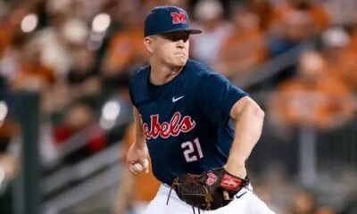 Ole Miss junior pitcher Owen Kelly winds up for a pitch against No. 2 Texas in Austin. | Ole Miss Athletics