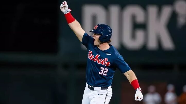 Ole Miss' Tristan Bissetta celebrates his grand slam home run Friday night against No. 2 Texas. | Ole Miss Athletics