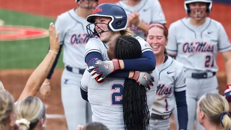Ole Miss' Taylor Roman celebrates with Rachel Connors after Connors hit her first collegiate home run against UAB. | Ole Miss Athletics