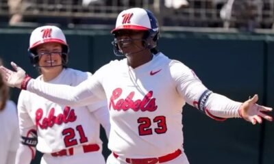 Ole Miss senior Taylor Roman celebrates a home run against No. 2 Texas. | Ole Miss Athletics