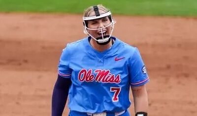 Ole Miss pitcher Emilee Boyer reacts after a strikeout Sunday against No. 4 Alabama. | Ole Miss Athletics