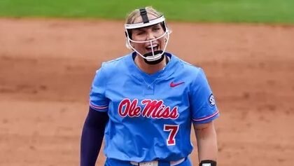 Ole Miss pitcher Emilee Boyer reacts after a strikeout Sunday against No. 4 Alabama. | Ole Miss Athletics
