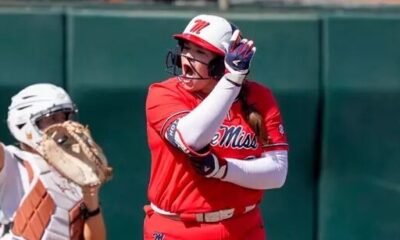Ole Miss' Madi George reacts after a pitch against No. 2 Texas on Sunday. | Ole Miss Athletics