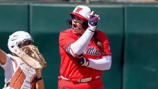 Ole Miss' Madi George reacts after a pitch against No. 2 Texas on Sunday. | Ole Miss Athletics