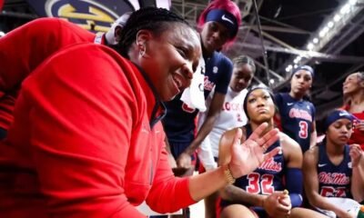 Ole Miss coach Yolett McPhee-McCuin talks with her players during Saturday's SEC Tournament semifinal game against Texas. | Ole Miss Athletics