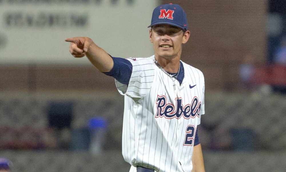 Ole Miss pitcher Owen Kelly reacts to a play during an 11-1 win against Alcorn State at Swayze Field. | Dylan Cohron, HottyToddy.com Images