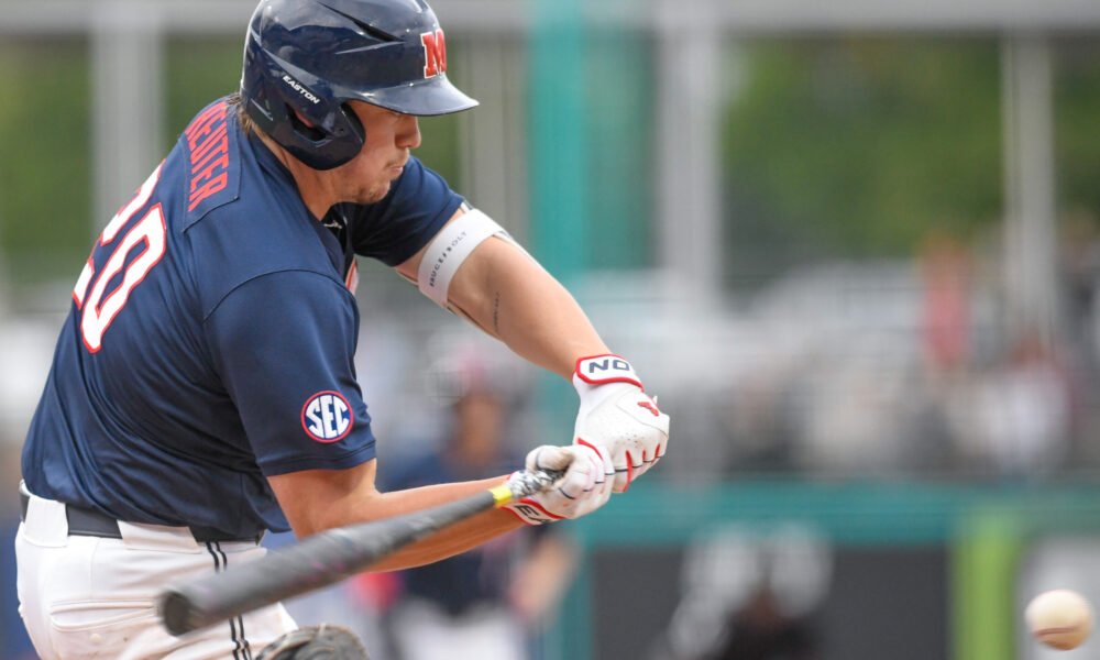 Ole Miss designated hitter swings at a pitch in the 2026 Governor's Cup at Trustmark Park in Pearl, Miss. | Andy Hodges, HottyToddy.com Images