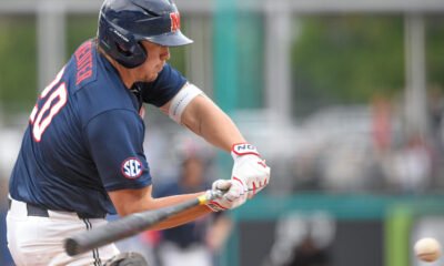 Ole Miss designated hitter swings at a pitch in the 2026 Governor's Cup at Trustmark Park in Pearl, Miss. | Andy Hodges, HottyToddy.com Images