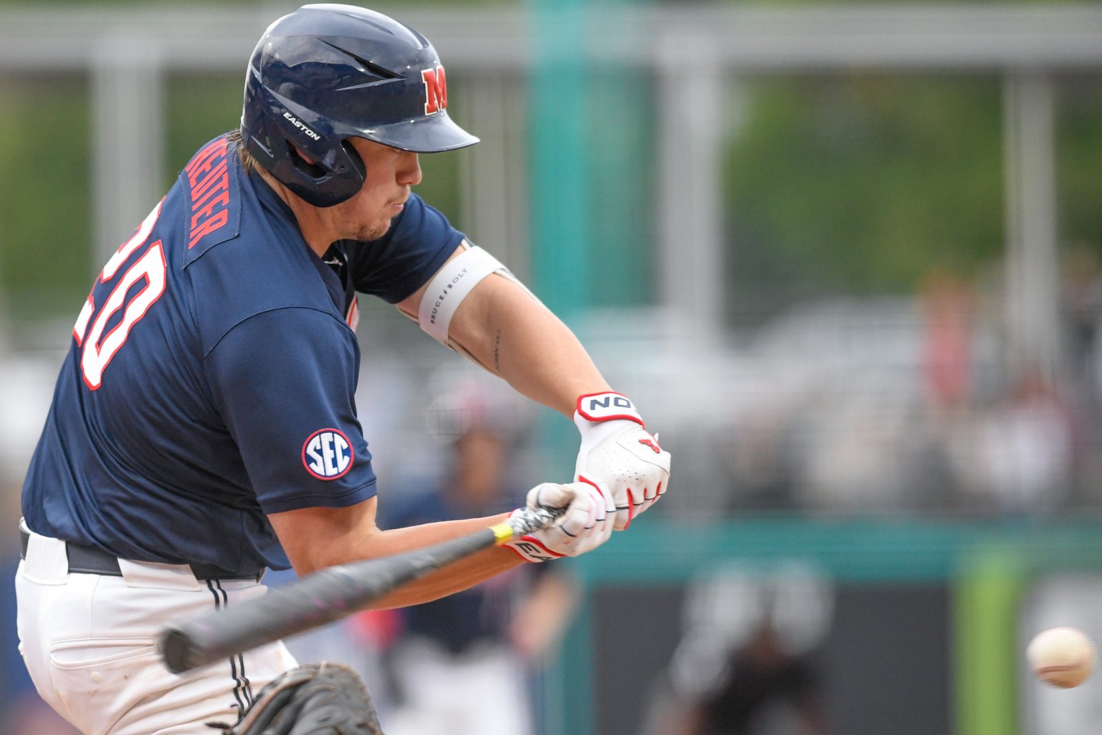 Ole Miss designated hitter swings at a pitch in the 2026 Governor's Cup at Trustmark Park in Pearl, Miss. | Andy Hodges, HottyToddy.com Images