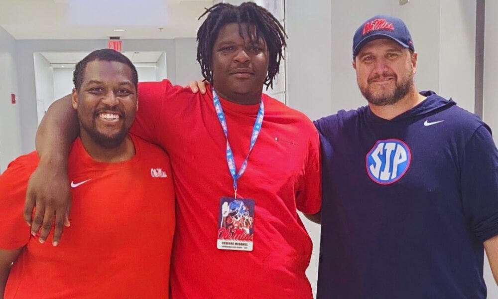 Brookhaven (Miss.) offensive lineman Coderro McDaniel with Ole Miss offensive line coach John Garrison. | Coderro McDaniel/X