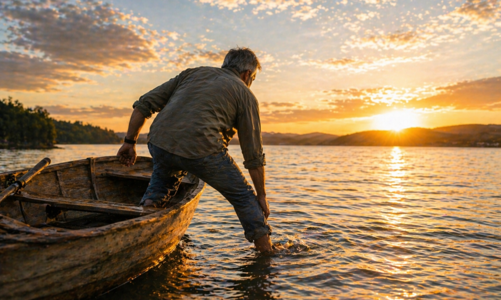 A man steps out of a small boat onto calm water at sunrise, symbolizing faith and courage in a new season of life.