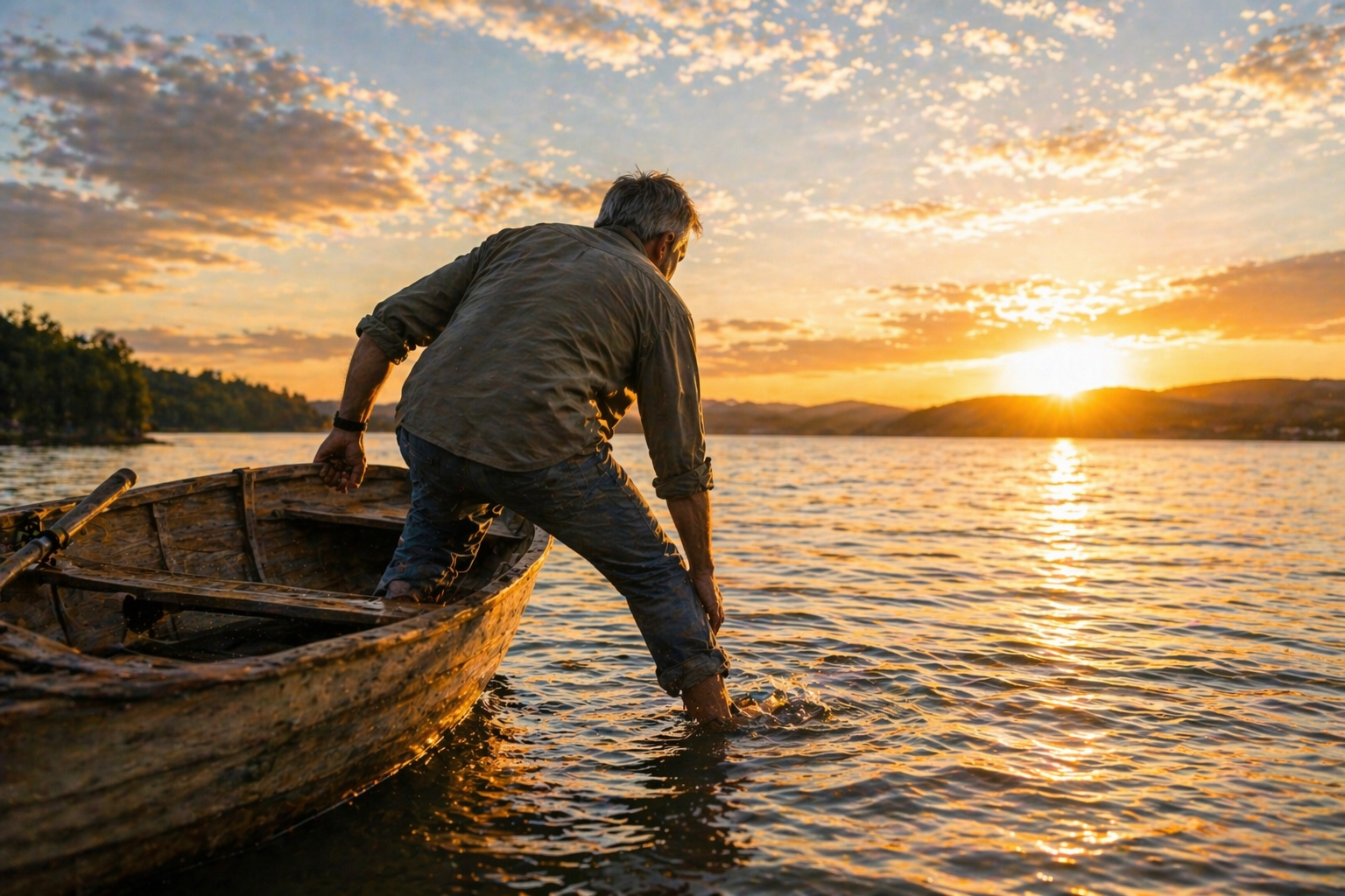 A man steps out of a small boat onto calm water at sunrise, symbolizing faith and courage in a new season of life.