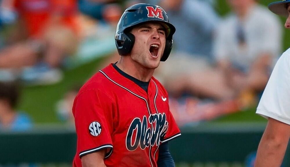 Ole Miss outfielder Cannon Goldin reacts after a base hit in a SEC baseball game against No. 21 Florida. | Ole Miss Athletics/X