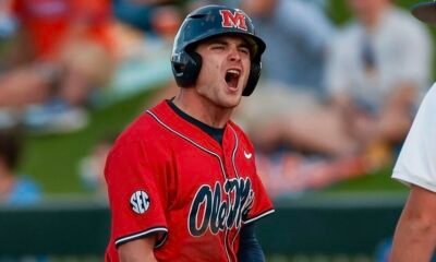 Ole Miss outfielder Cannon Goldin reacts after a base hit in a SEC baseball game against No. 21 Florida. | Ole Miss Athletics/X