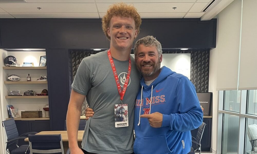 Jacksonville (Ala.) Pleasant Valley athlete Braxton Salster with Ole Miss head coach Pete Golding. | Braxton Salster/X