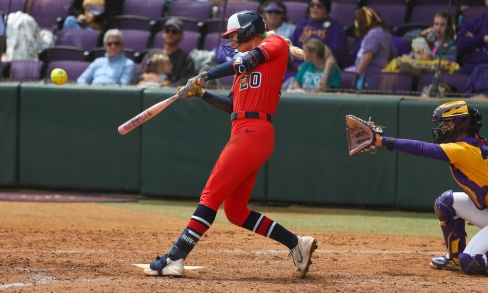 Ole Miss junior Cassie Reasner hits a home run against LSU last weekend in Baton Rouge. | Ole Miss Athletics