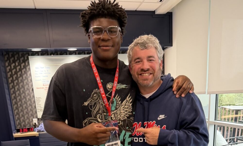 Louisville Christian Academy defensive lineman Kellan Hall with Ole Miss coach Pete Golding. | Kellan Hall/X