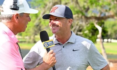 Ole Miss coach Chris Malloy talks to a television reporter after the Rebels secured a spot in the championship match. | Ole Miss Athletics