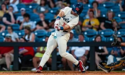Ole Miss outfielder Tristan Bissetta launches a home run in a game against No. 22 Southern Miss at Trustmark Park in Pearl, Miss. | Ole Miss Athletics