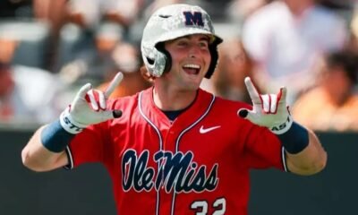 Ole Miss outfielder Tristan Bissetta celebrates a home run in a series finale loss to Tennessee. | Ole Miss Athletics