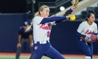 Ole Miss pitcher Lilly Whitten winds up against No. 13 Texas A&M in Oxford. | Ole Miss Athletics